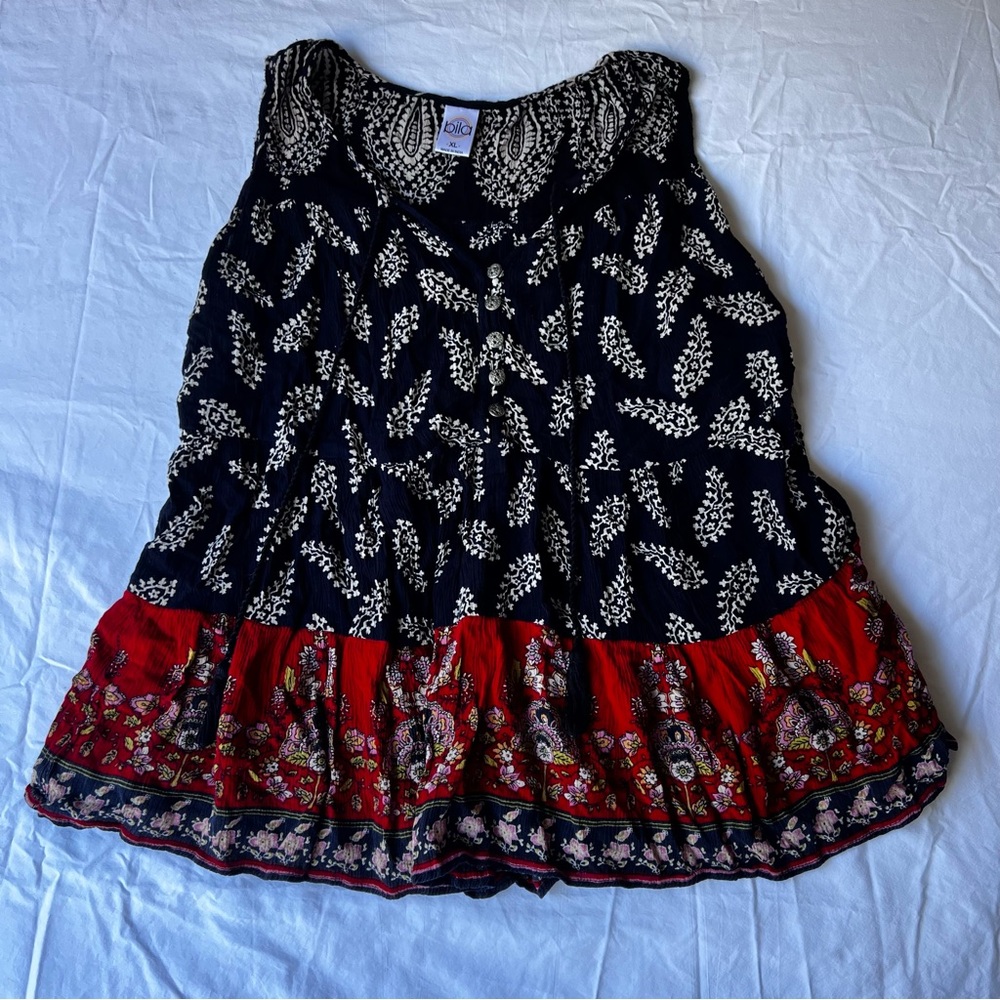 Bila Women's Plus Sleeveless Printed Peasant Top Size XXL Boho Indigo Gauzey 2X